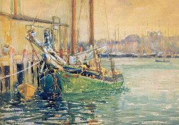 George Loftus Noyes : Gloucester Dock with Sailboat